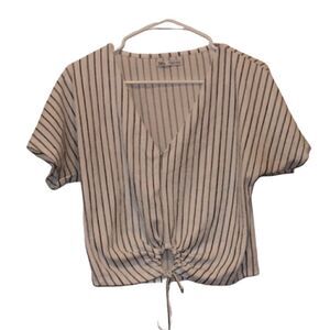 Zara Black & White Striped Short Sleeve V-Neck Crop Tops Women's Size S